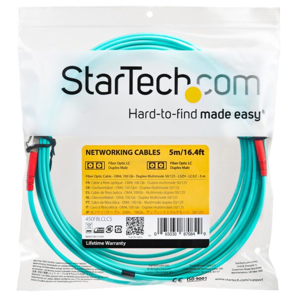 StarTech.com Cable de 5m de Fibra Óptica Multimodo LC/UPC a LC/UPC OM4 - 50/125µm - Fibra LOMMF/VCSEL - Redes de 100G - Cable LSZH - Baja Pérdida de Inserción - Low Insertion Loss