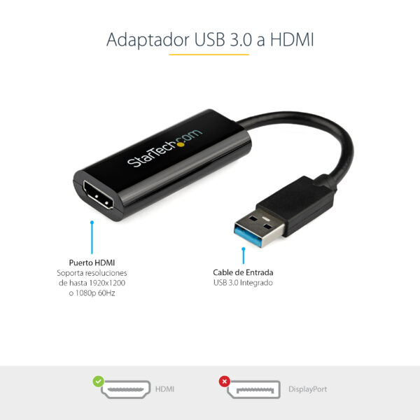 StarTech.com Adaptador USB 3.0 a HDMI - 1080p (1920x1200) - Adaptador Conversor Compacto de USB-A a HDMI para Monitor - Adaptador Gráfico Externo de Vídeo - Negro - para Windows Solamente StarTech.com Adaptador USB 3.0 a HDMI - 1080p (1920x1200) - Adaptador Conversor Compacto de USB-A a HDMI para Monitor - Adaptador Gráfico Externo de Vídeo - Negro - para Windows Solamente