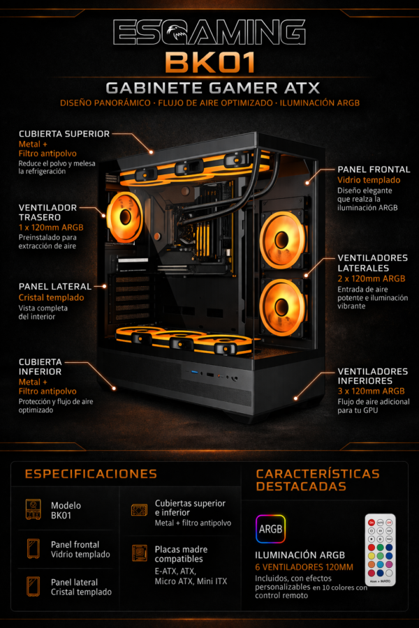 Esgaming Gabinete Gamer BK01 6 Fan ARGB