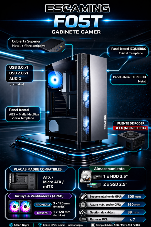 Esgaming Gabinete Gamer F05T-BK 4 Fan ARGB