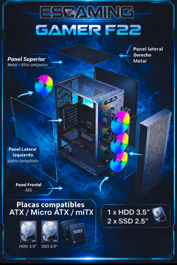 Esgaming Gabinete Gamer F22-BK 4 Fan ARGB