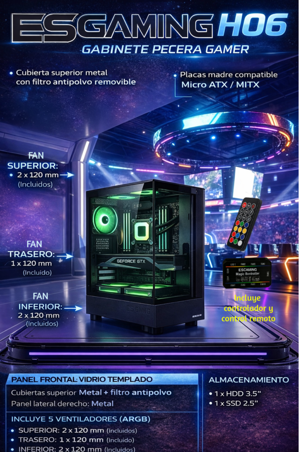 Esgaming Gabinete Gamer H60-BK 5 Fan ARGB