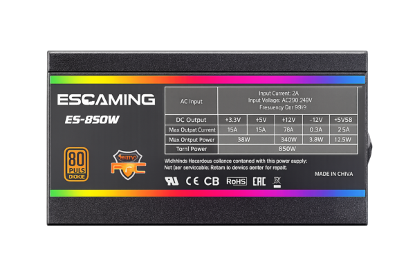 Esgaming Fuente Poder 850W 80 PLUS Bronze ES-RGB850W
