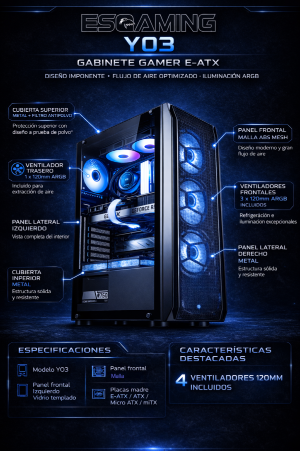 Esgaming Gabinete Gamer Y03-BK 4 Fan ARGB